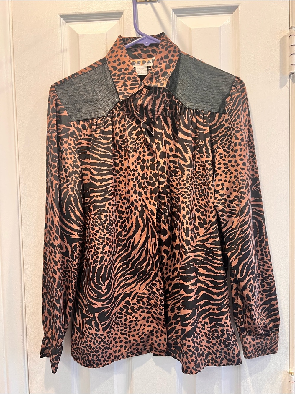 VTG 80s Jordan Animal Print Blouse Faux Leather Shoulder Leopard Tiger Size 5/6